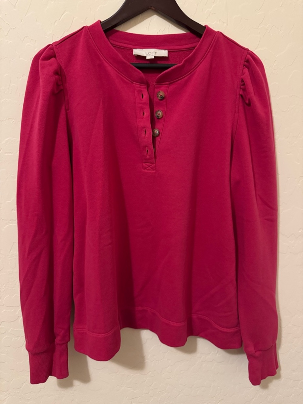 LOFT Fuchsia Henley Puff-Sleeve Sweatshirt Top
